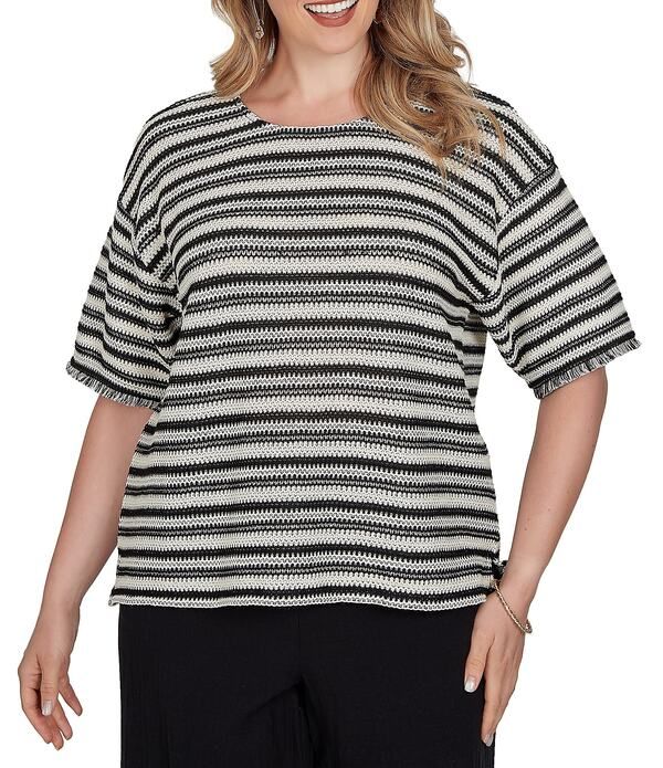 ルビーアールディー レディース トップス Tシャツ プラスサイズ ニット フリンジ Ruby Rd Plusize Knit Stripe Scoop Neck Short Fringe Sleeve