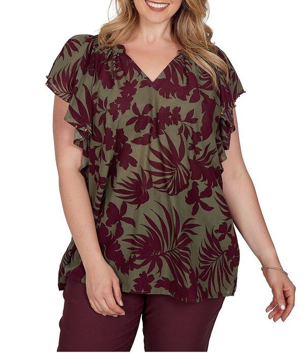 ルビーアールディー レディース トップス シャツ Vネック プラスサイズ Ruby Rd Plusize Gauze Foliage Airy VNeck Short Flutter Sleeve T
