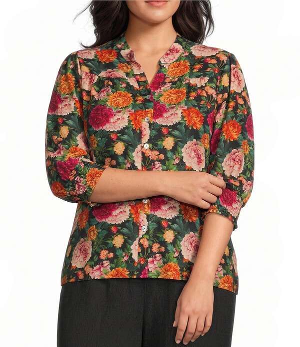 カレッサ レディース トップス シャツ Vネック フラワー柄 プラスサイズ フラワー Calessa Plusize Coordinating Antique Garden Floral Split