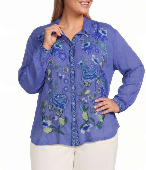 ジョニーワズ レディース トップス シャツ プラスサイズ 刺繍 JOHNNY WAS Plus Luisa Embroide red Notch Collar Long Sleeve Shirt Ba