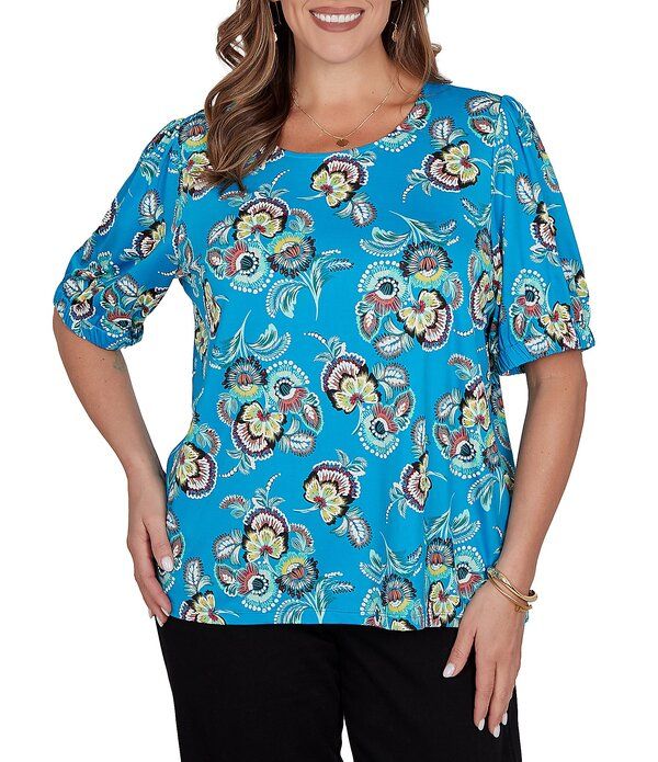 ルビーアールディー レディース トップス Tシャツ フラワー柄 プラスサイズ フラワー Ruby Rd Plusize Floral Scoop Neck Short Sleeve Top Azure