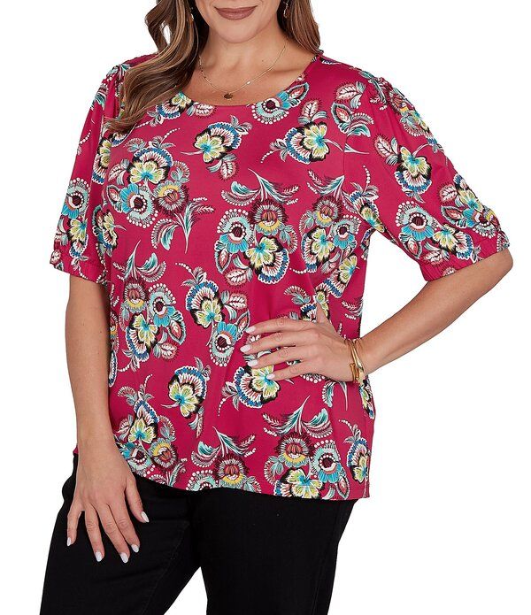ルビーアールディー レディース トップス Tシャツ フラワー柄 プラスサイズ フラワー Ruby Rd Plusize Floral Scoop Neck Short Sleeve Top Azale