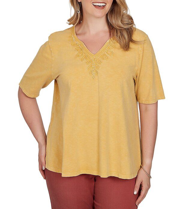 ルビーアールディー レディース トップス Tシャツ Vネック プラスサイズ コットン ニット ジャージー Ruby Rd Plusize Cotton Slub Jersey Knit VNeck S