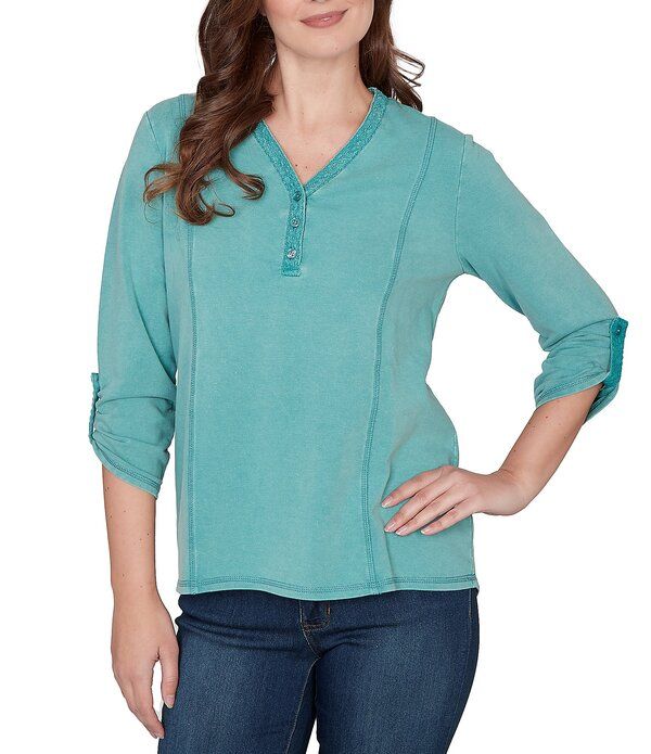 ルビーアールディー レディース トップス Tシャツ Vネック プチ パイル レース ニット Ruby Rd Petite Size French Terry Knit Lace Applique VN