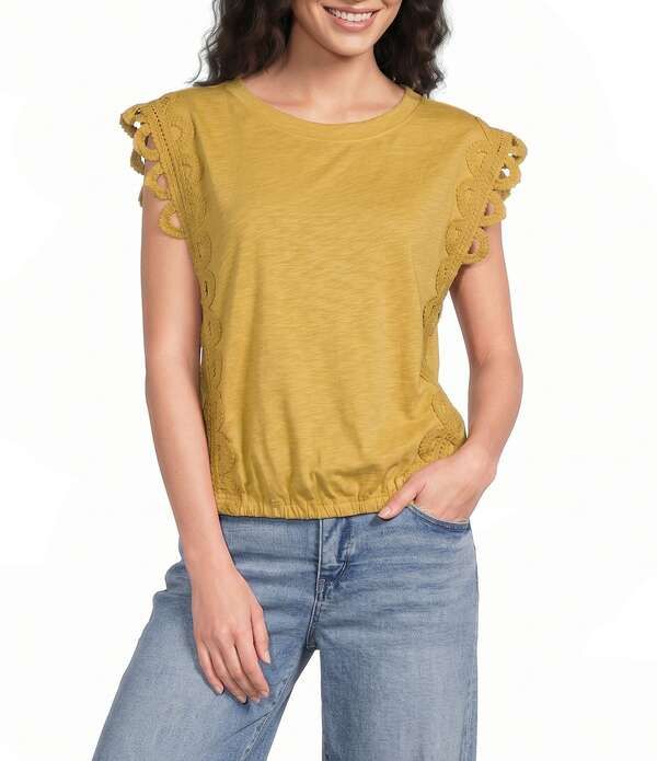 デモクラシー レディース トップス Tシャツ プチ キャップ ニット Democracy Petite Size Knit Scoop Neck Scalloped Crochet Cap Sleev 15,106円
