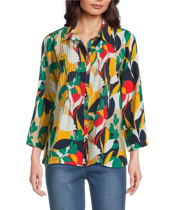 マルチプルズ レディース トップス シャツ プチ プリント Multiples Petite Size Woven Printed Point Collar 34 RollTab Sleeve But
