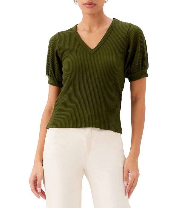 カレンケーン レディース トップス Tシャツ Vネック プチ リブ ニット Karen Kane Petite Size Ribbed Knit VNeck Short Sleeve Top Oliv
