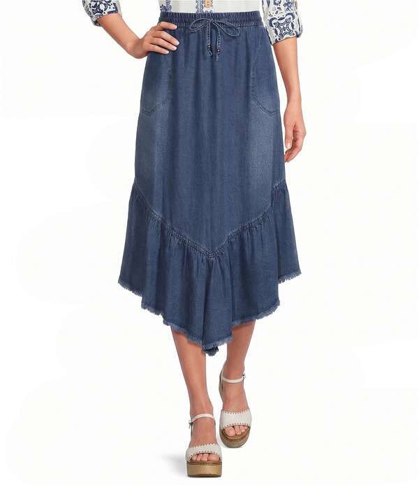 ジョン マーク レディース ボトムスカート プチ フリル ミディ シャーリング デニム John Mark Petite Size Denim Smocked Waist Ruffle Frayed