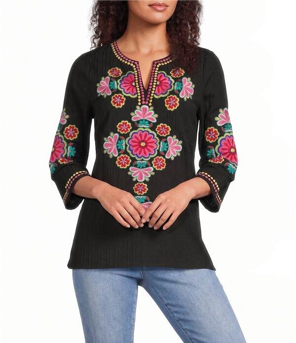 カレッサ レディース トップス シャツ Vネック プチ 刺繍 Calessa Petite Size Woven Embroide red Split Round VNeck 34 Sleeve Tu