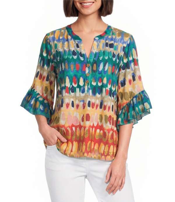 マルチプルズ レディース トップス シャツ Vネック プチ プリント ニット Multiples Petite Size Slub Knit Multi Print Banded Split VNec