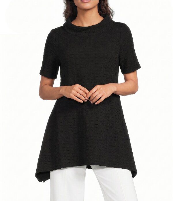 カレッサ レディース トップス カットソー モックネック アシンメトリー プチ ニット Calessa Petite Size Textu red Knit Mock Neck Short Sleev