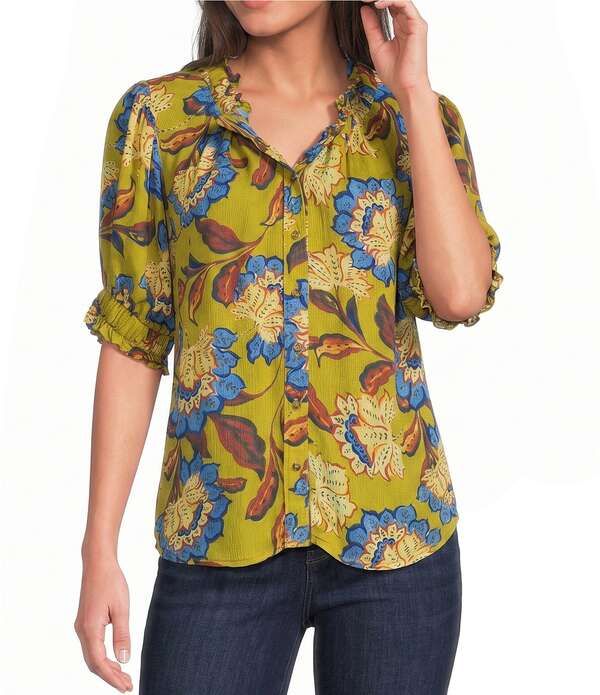 デモクラシー レディース トップス シャツ Vネック フラワー柄 プチ フラワー Democracy Petite Size Woven Floral Paisley Split VNeck Elbo