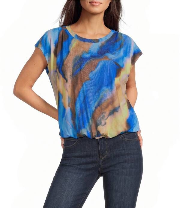 デモクラシー レディース トップス Tシャツ プチ プリーツ メッシュ キャップ Democracy Petite Size Mesh Abstract Water Color Scoop Neck