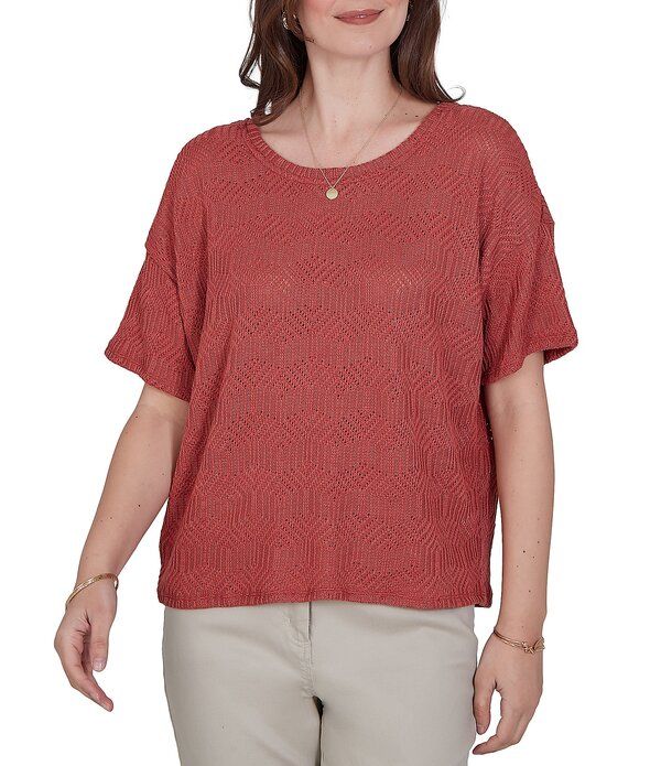 ルビーアールディー レディース トップス Tシャツ プチ ニット Ruby Rd Petite Size Diamond Textu red Knit Scoop Neck Elbow Length