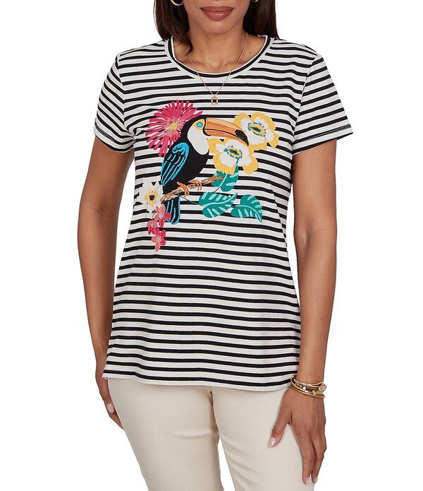ルビーアールディー レディース トップス Tシャツ プチ 刺繍 ニット Ruby Rd Petite Size Stretch Knit Stripe Toucan HeatSet Embroide