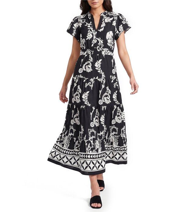 カレッサ レディース トップス ワンピース Vネック ティアード A ライン プチ プリント ミディ Calessa Petite Size Mosaic Border Print Split VNe