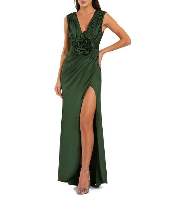 マックダガル レディース トップス ワンピース Vネック ノースリーブ Mac Duggal Charmeuse V Neck Sleeveless Gown With 3D Flower Pear