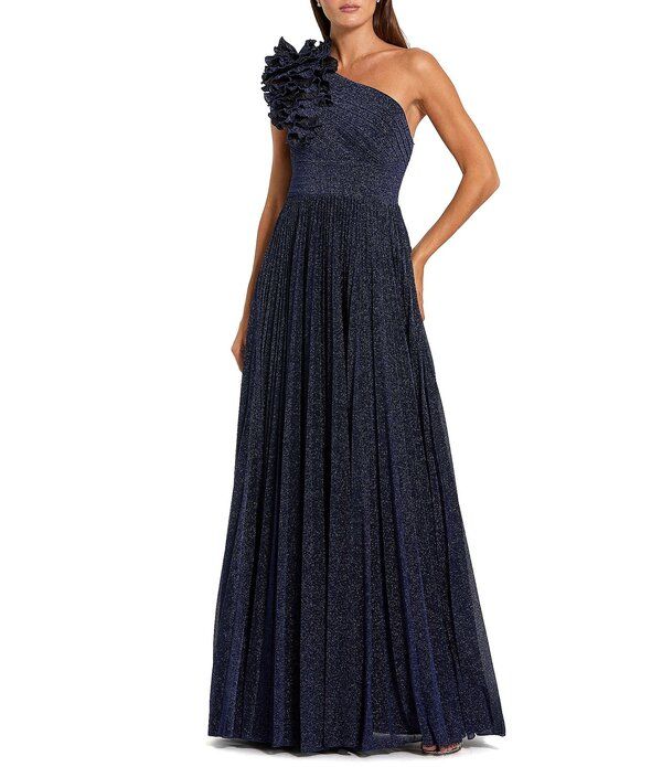 マックダガル レディース トップス ワンピース プリーツ フリル トール Mac Duggal One Shoulder Pleated Metallic Gown With Ruffle Midni