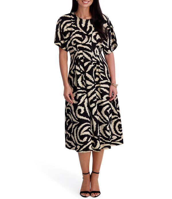ケンジー レディース トップス ワンピース プリント ミディ Kensie Printed Short Sleeve Midi Dress BlackKhaki ブラック