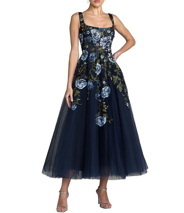 マックダガル レディース トップス ワンピース ミディ 刺繍 Mac Duggal Square Neck Embroide red Midi Dress Blue Multi ブルー