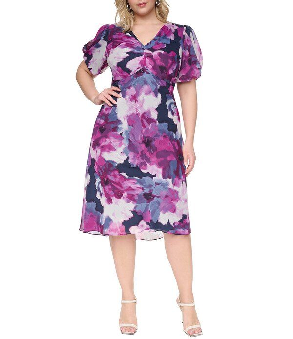 ダナキャラン レディース トップス ワンピース Vネック シフォン フラワー柄 プラスサイズ プリント フラワー DKNY By Donna Karan Chiffon Plusize Short S