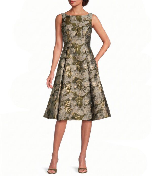 アドリアナ パペル レディース トップス ワンピース プリーツ ミディ ノースリーブ Adrianna Papell Boat Neck Sleeveless Foil Jacquard Pleate