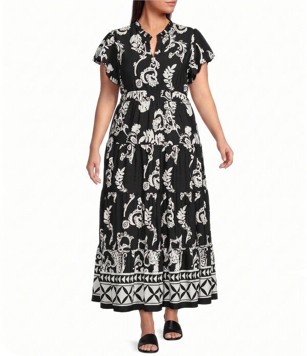 カレッサ レディース トップス ワンピース Vネック ティアード A ライン プラスサイズ プリント ミディ Calessa Plusize Mosaic Border Print Split VNe