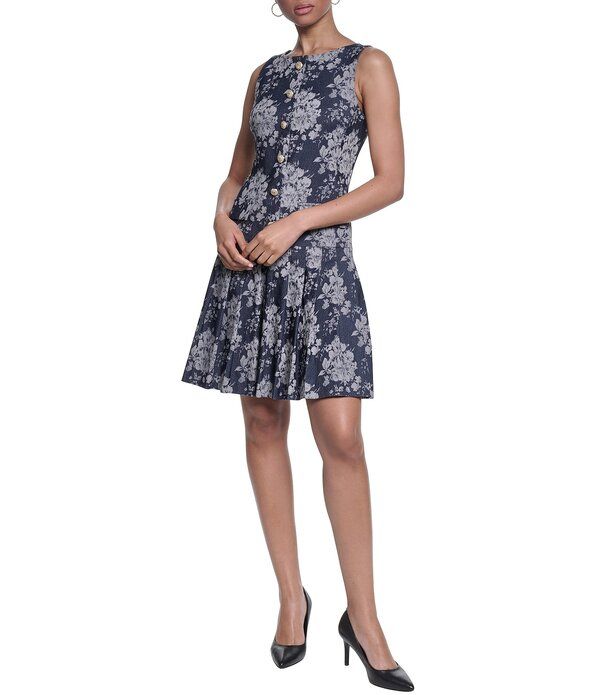 カール ラガーフェルド レディース トップス ワンピース プリーツ ノースリーブ デニム KARLAGERFELD PARIS Denim Jacquard Boat Neck Sleeveless