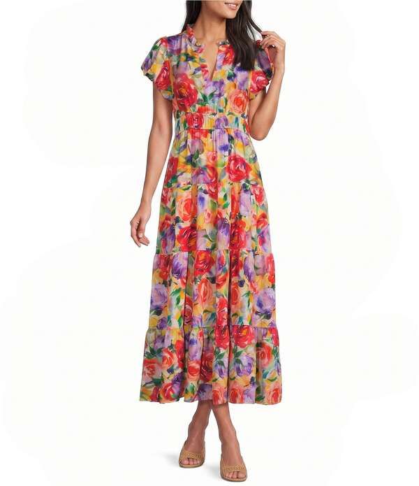 カレッサ レディース トップス ワンピース Vネック フラワー柄 プチ プリント フラワー Calessa Petite Size Abstract Floral Border Print Split