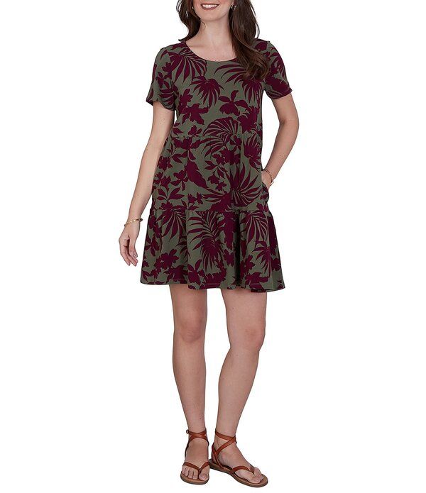 ルビーアールディー レディース トップス ワンピース ティアード プリント コットン ニット Ruby Rd Cotton Stretch Knitropical Foliage Print Scoo