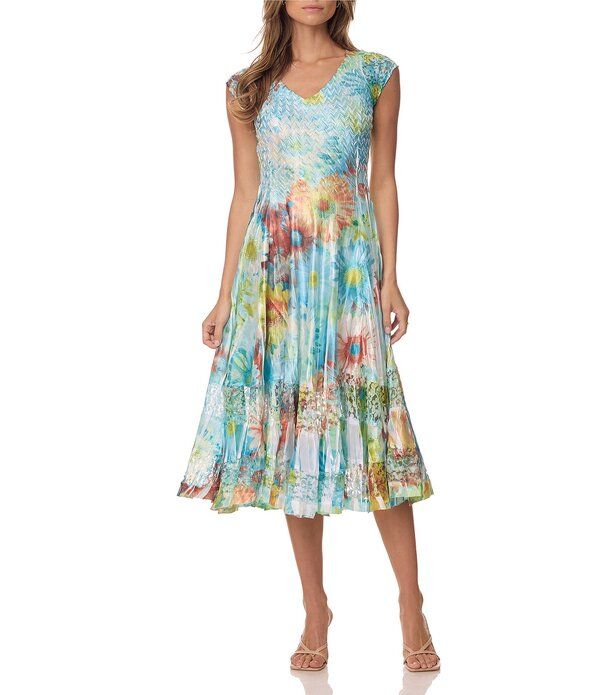 コマロフ レディース トップス ワンピース フラワー柄 キャップ フラワー Komarov Cap Sleeve Floral Mid Length Dressky Latika Flower