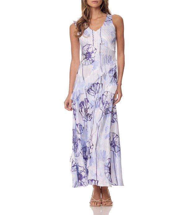 コマロフ レディース トップス ワンピース フラワー柄 プリント フリル フラワー Komarov Floral Print Long Dress With Cascading Ruffle Indi