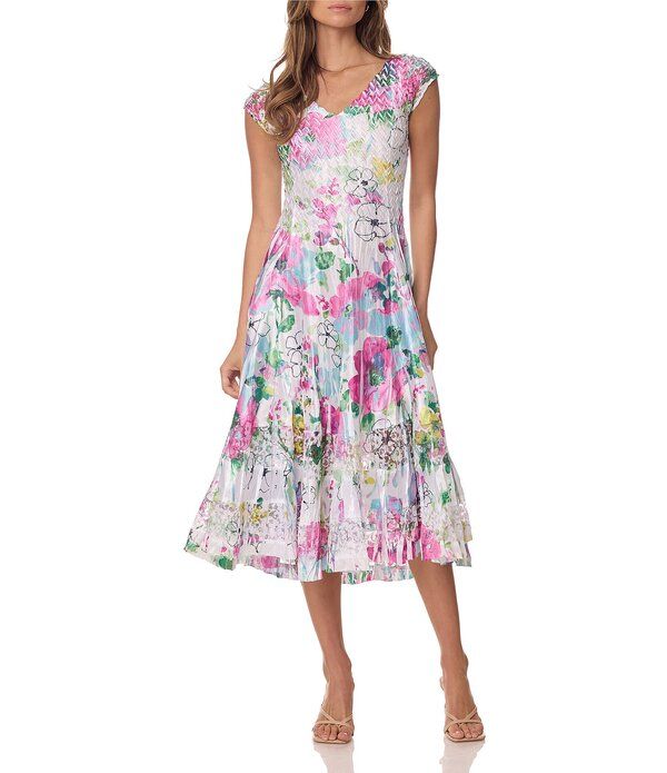 コマロフ レディース トップス ワンピース フラワー柄 プリント キャップ フラワー Komarov Cap Sleeve Floral Printea Length Dress Fresh Bouq