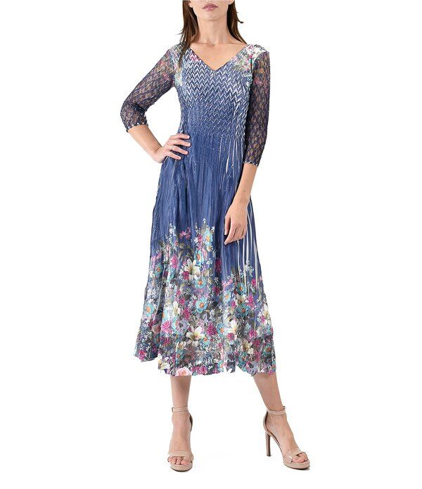 コマロフ レディース トップス ワンピース レーストリム プリント ミディ レース Komarov 34 Sleeve Printed Midi Dress With Lace Trim Indigo