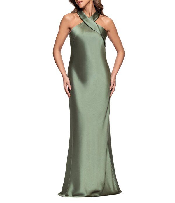 エスケープ レディース トップス ワンピース サテン ノースリーブ ホルター Xscape Satin Cross Front Halter Neck Sleeveless Tie Back Gown