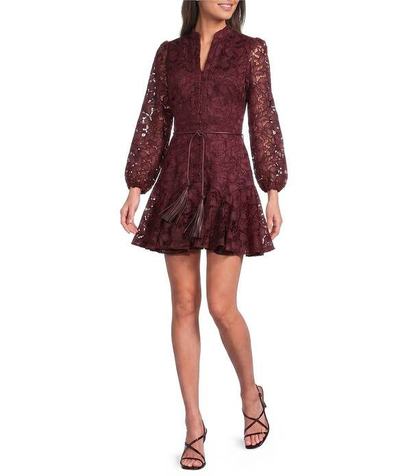 マルケッサ レディース トップス ワンピース 刺繍 Muse by Marchesa Forrest Embroide red Organza Long Sleeve Beltedress Borde