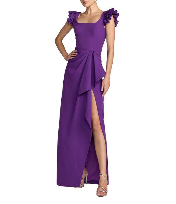 マックダガル レディース トップス ワンピース クレープ フリル Mac Duggal Crepe Square Neck Ruffle Detail Column Gown Ultra Violet