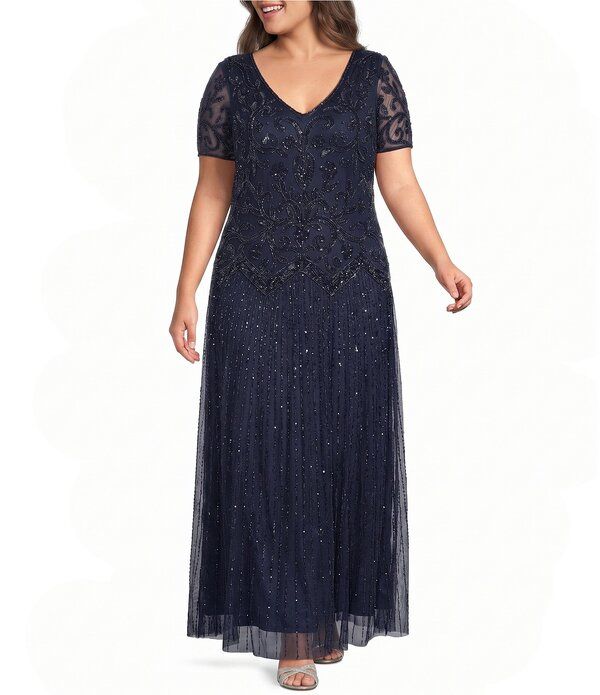 ピサッロナイツ レディース トップス ワンピース Vネック プラスサイズ Pisarro Nights Plusize VNeck Short Sleeve Beaded Sheath Gow nav