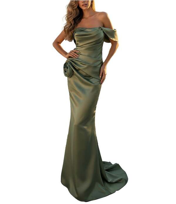 テラニクチュール レディース トップス ワンピース Terani Couture One OffTheShoulder Shimmer Sheath Gown Olive オリーブ