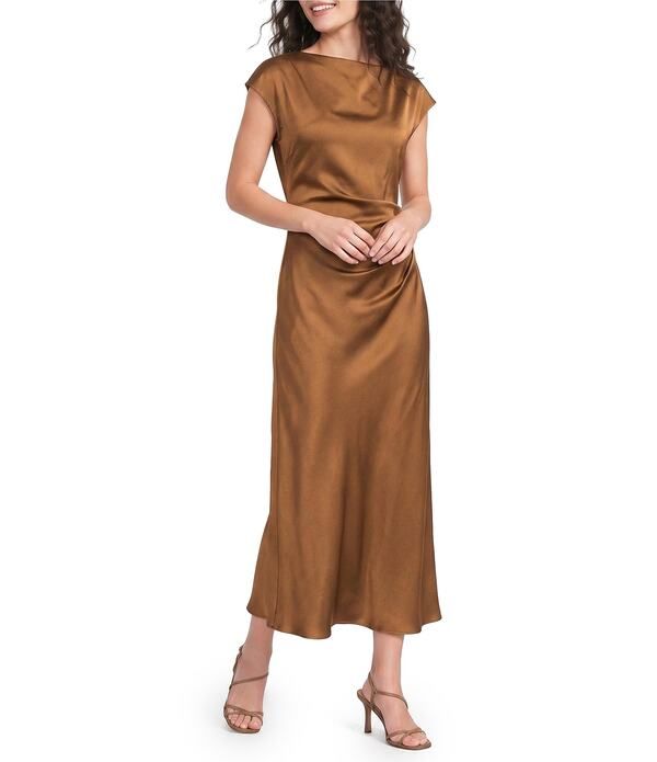 サムエデルマン レディース トップス ワンピース ギャザー サテン キャップ マキシ Sam Edelman Cap Sleeve Ruched Satin Maxi Dress Bronze