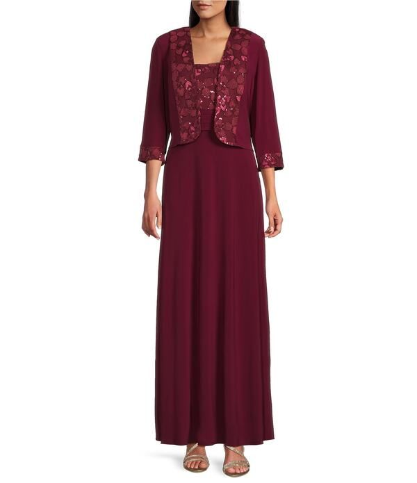 ルボ レディース トップス ワンピース 刺繍 ジャケット Le Bos Embroide red 34 Sleeve Square Neck 2Piece Jacket Dress Merlot