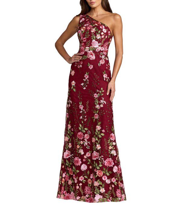 マックダガル レディース トップス ワンピース フラワー柄 ノースリーブ 刺繍 レース フラワー Mac Duggal Floralacembroide red One Shoulder Sleeve