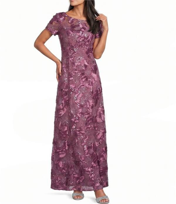 アレックスイブニングス レディース トップス ワンピース A ライン レース Alex Evenings Lace Scoop Neck Short Sleeve ALine Gown Dark Ma