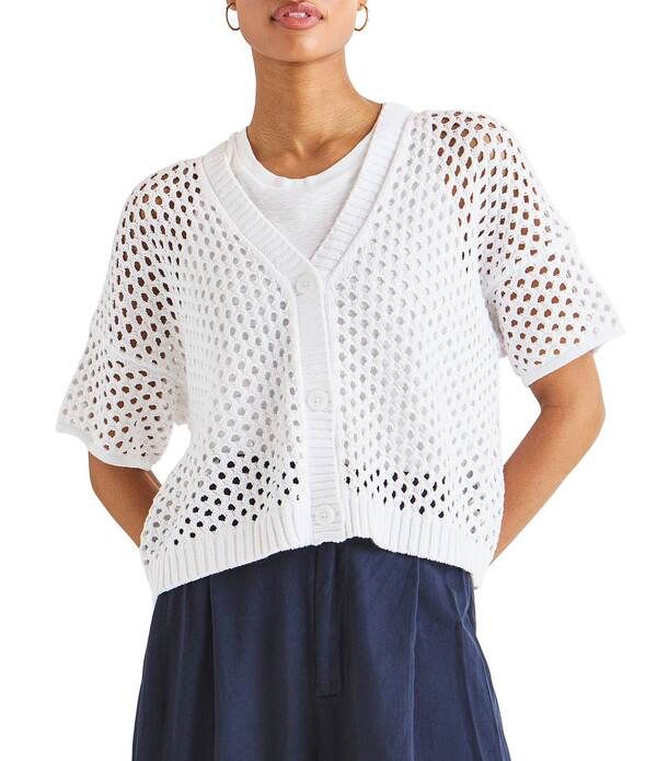 スプレンディット レディース アウター ニット・セーター Vネック カーディガン Splendid Nova Pointelle Knit VNeck Short Sleeve Cardigan Wh