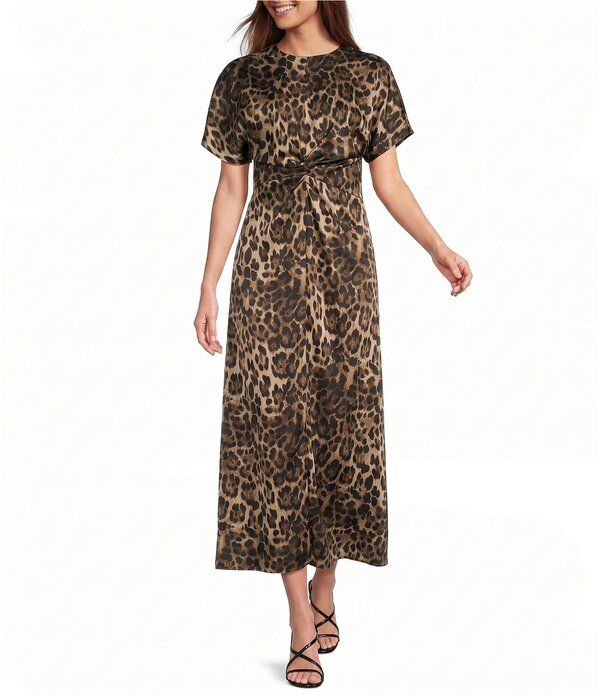 アントニオ メラーニ レディース トップス ワンピース ギャザー ミディ サテン Antonio Melani Gabriella Satin Ruched Jewel Neck Short Slee
