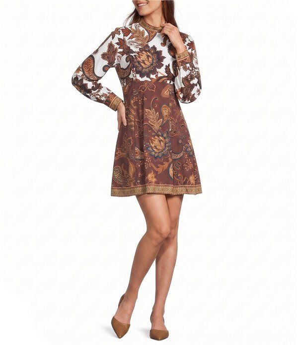 アントニオ メラーニ レディース トップス ワンピース モックネック Antonio Melani Ellery Paisley Mock Neck Long Sleeve Dress Raisin