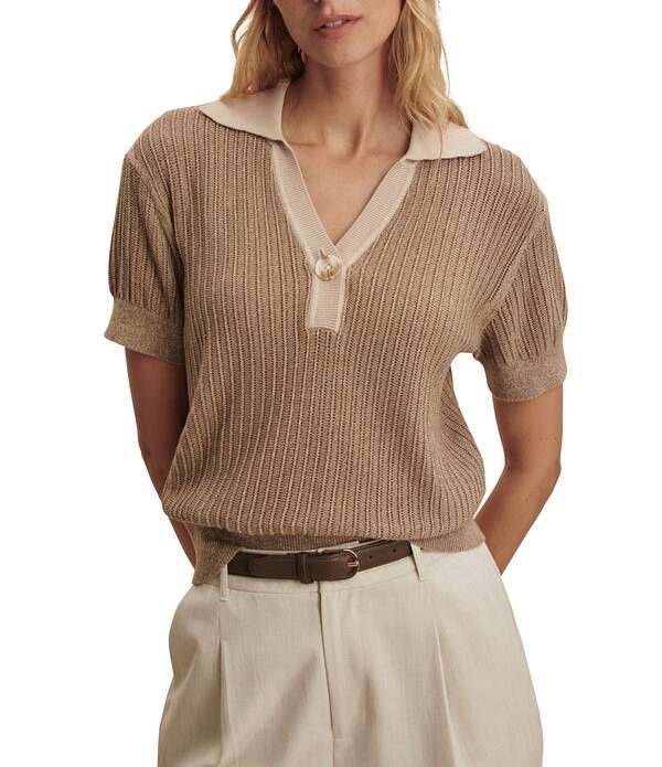 バーレイ レディース トップス Tシャツ Vネック ポロシャツ ニット Varley Perrine Colla red VNeck Short Sleeve Knit Polo Top Sepia