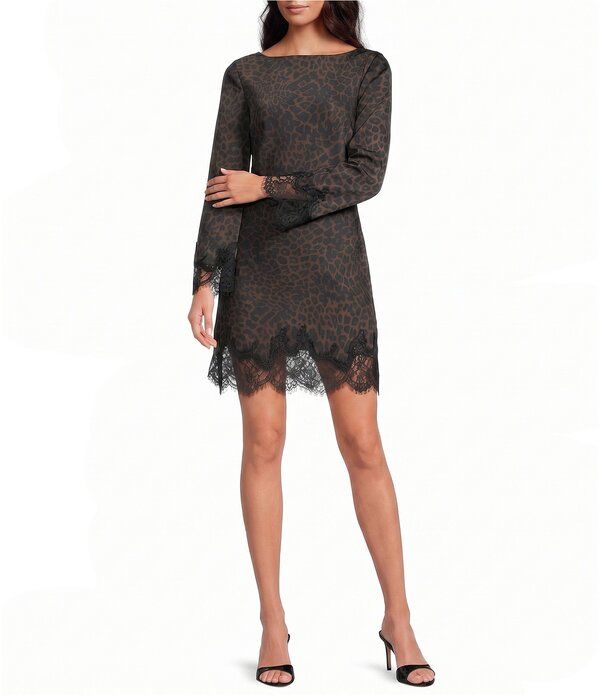 ジャンビニ レディース トップス ワンピース プリント ミニ サテン Gianni Bini Oren Leopard Print Satin Boat Neck Long Sleeve Mini D