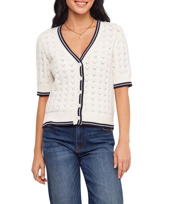 カレンケーン レディース アウター ニット・セーター Vネック コントラスト カーディガン Karen Kane Pointelle Contrastrim VNeck Short Sleeve Ca