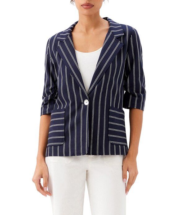 カレンケーン レディース アウター コート ギャザー ジャケット Karen Kane Coordinating Stripe Ruched Sleeve Jacket Navy ネイビー
